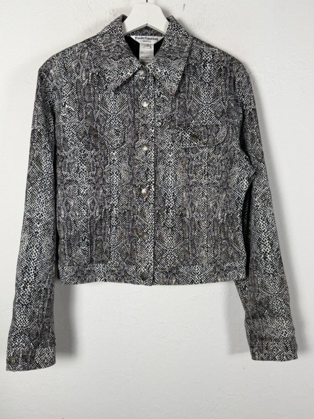 Paolo Santini Studio Womens Snakeskin Print Cropped Jacket Size 10 Black Pockets